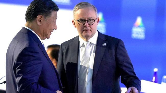 China's President Xi Jinping talks with Prime Minister Anthony Albanese ahead of the Leaders Retreat, during the Asia-Pacific Economic Cooperation Summit in San Francisco in November 2023. Picture: Reuters/Loren Elliott