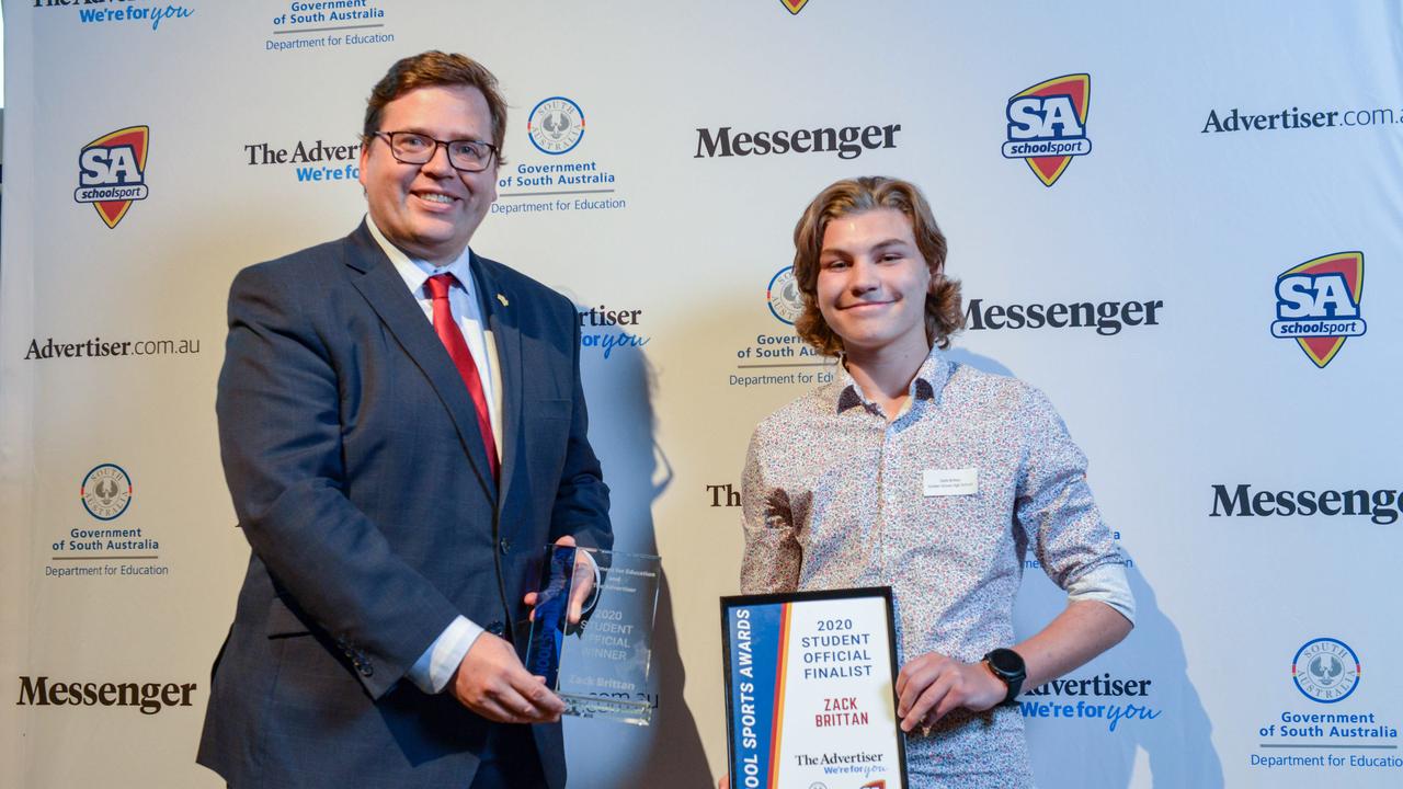 Winner Zack Brittan from Golden Grove High School with Education Minister John Gardner at the School Sports Awards at the SA Museum. Picture: Brenton Edwards