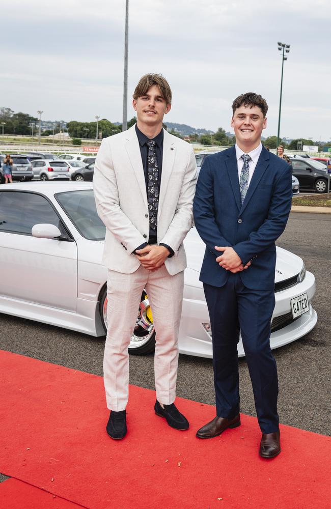 Graduates Zeke Parsons (left) and Lucas Ernst at The Industry School formal at Clifford Park Racecourse, Tuesday, November 12, 2024. Picture: Kevin Farmer