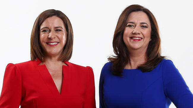 Queensland LNP leader Deb Frecklington with Premier Annastacia Palaszczuk. Picture: Adam Head