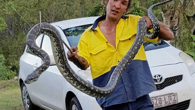 Codey Rowe of Gympie Reptile Removal with a snake he removed a carpet python from a roof at Brooloo. Picture: Contributed