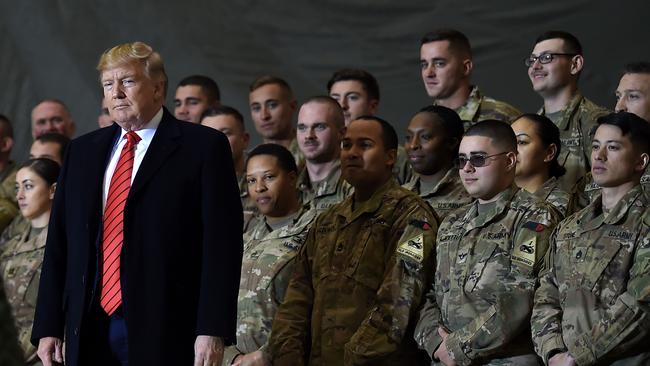 US President Donald Trump speaks to troops during a surprise Thanksgiving day visit at Bagram Air Field, in 2019 in Afghanistan.