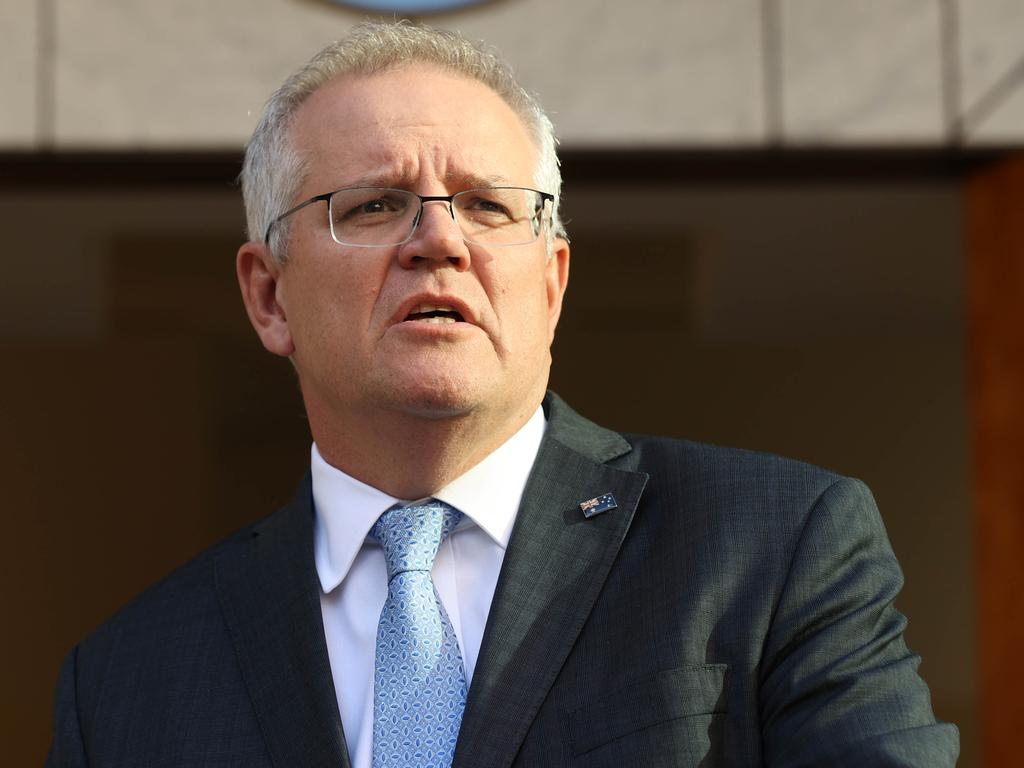 Prime Minister Scott Morrison addresses the media in the Prime Minister's Courtyard at Parliament House, Canberra. Picture: NCA NewsWire / Gary Ramage