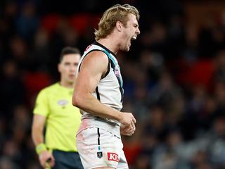 MELBOURNE, AUSTRALIA - JULY 26: Jason Horne-Francis of the Power celebrates during the 2024 AFL Round 20 match between the Carlton Blues and the Port Adelaide Power at Marvel Stadium on July 26, 2024 in Melbourne, Australia. (Photo by Michael Willson/AFL Photos)