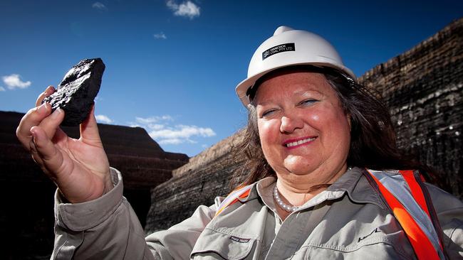 Gina Rinehart holds a piece of coal at the base of the Alpha Trial Mine in Central Queensland. Picture: News Limited