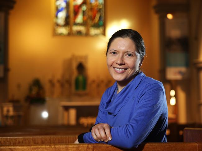 Snowboarding nun Sister Jane Maisey at St Mary McKillop Church in North Sydney. Picture: Tim Hunter.