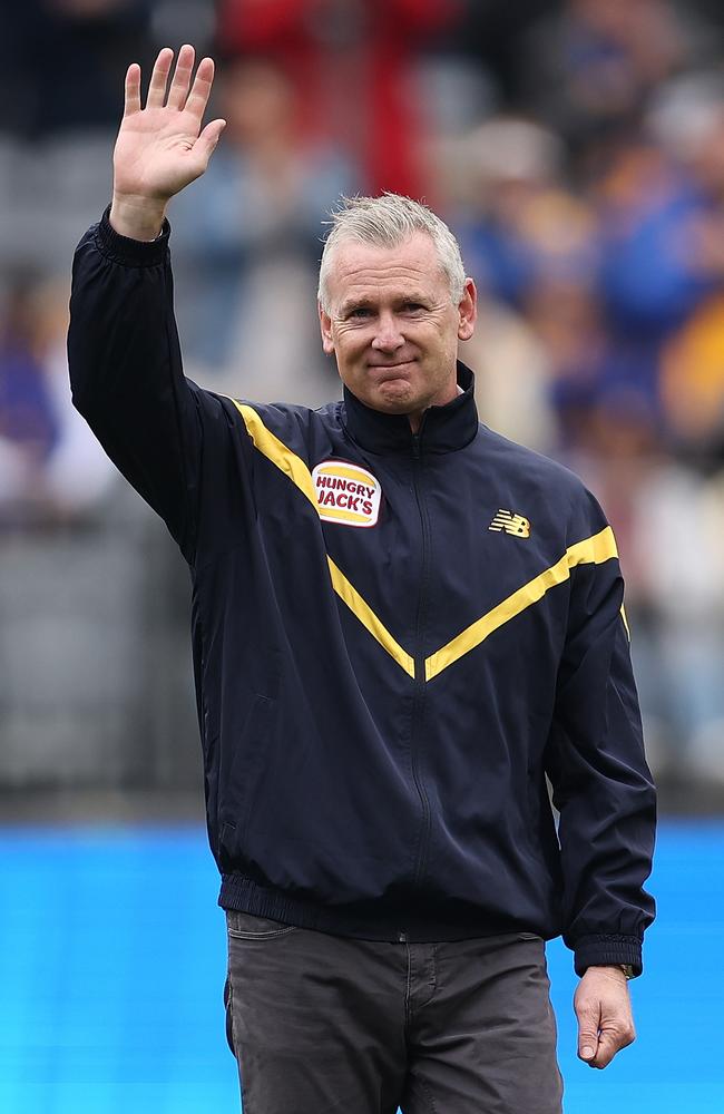 Adam Simpson acknowledging Eagles fans before the clash with Brisbane. Picture: Paul Kane/Getty Images