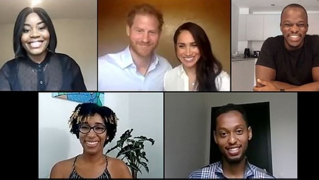 Prince Harry and Meghan Markle in their conference call with young leaders from around the Commonwealth. Picture: The Queen's Commonwealth Trust.