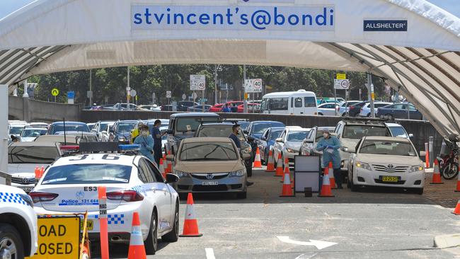 A busy Bondi Beach drive through Covid testing site in 2021/ The reality is harsh measures never were justified, which is why no pandemic plan written by any government ever recommended them. Picture: NewsWire/Simon Bullard