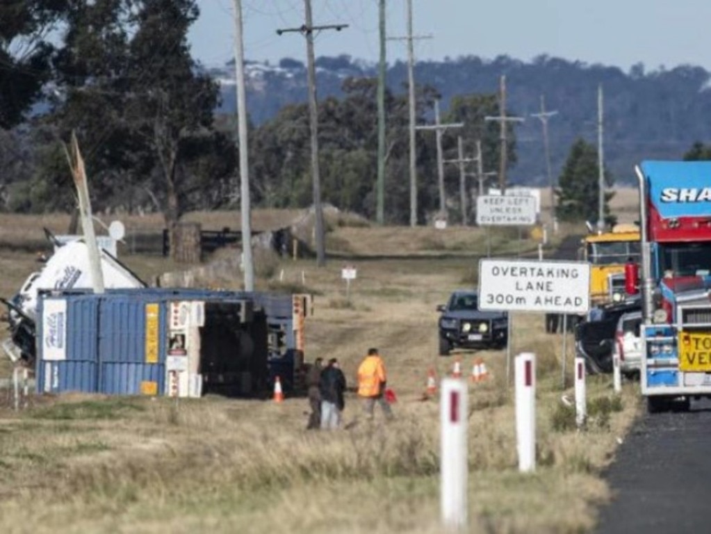 Emergency services at the scene of the fatal crash on the Warrego Highway, east of Oakey, Sunday, June 9, 2024. Picture: Kevin Farmer