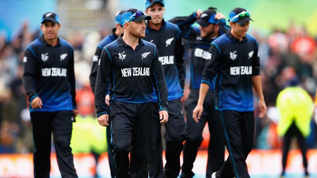McCullum leads his side from the field after their win against Sri Lanka in the World Cup opener.