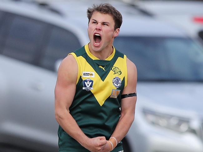 Leopold's Billy Clark celebrates a goal. GFNL football between South Barwon and Leopold at Belmont. Picture: Alan Barber