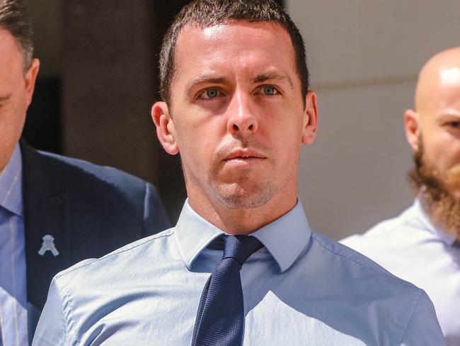 Constable Zachary Rolfe leaves Darwin Supreme Court with no fixed date for the start of his trial for the Murder of Kumanjaye Walker in Yuendemu.Picture: Glenn Campbell