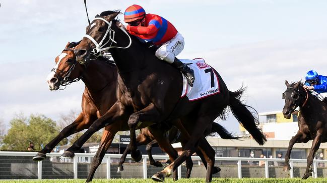 Verry Elleegant, ridden by Mark Zahra, takes out the Caulfield Cup.