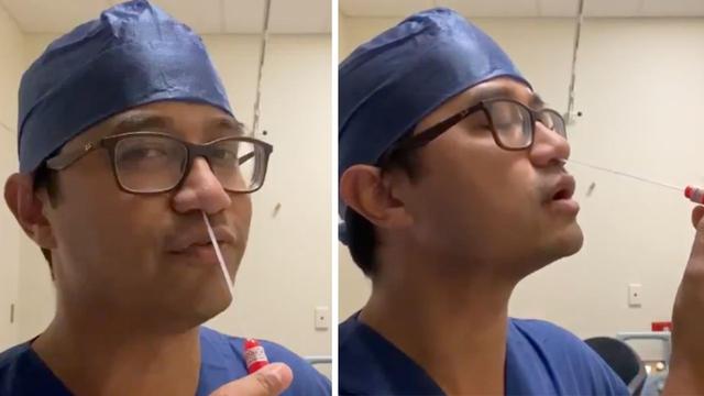 doctor shows how to perfrom a nose swab