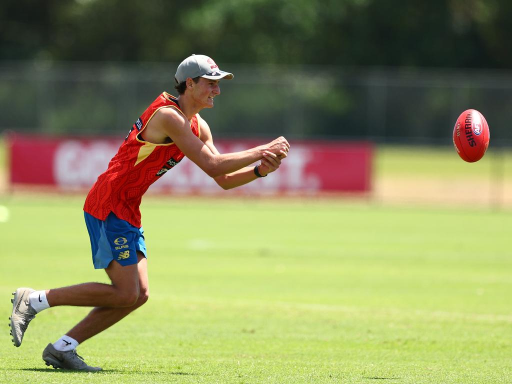 Asher Eastham during a Gold Coast Suns AFL training session. Picture: Chris Hyde/Getty Images.