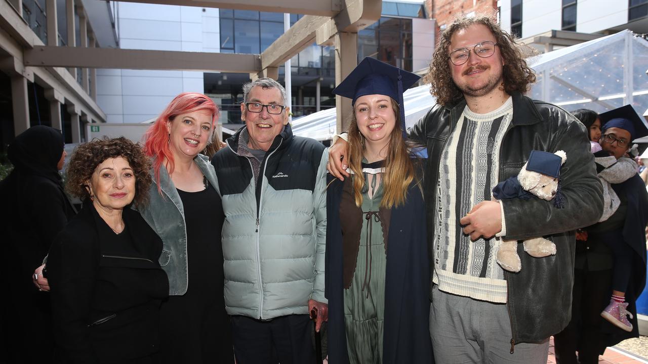 Suzi Hughes, Gemma Hughes, Bob Hughes, Jade Bell and Eden Adams at Deakin University post-graduation celebrations on Friday afternoon. Picture: Alan Barber