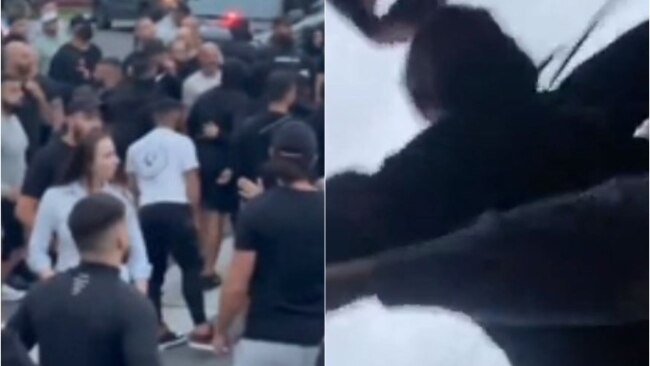 Footage from the scene in south-west Sydney shows hundreds of people gathered and the moment a LGBTQI+ protester is shoved to the ground. Picture: Sky News Australia