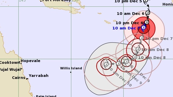 The Bureau of Meteorology's tracking data forecasts TC Jasper to weaken from a category 3 system as it nears the Australian coast in coming days. Picture: Bureau of Meteorology