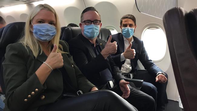 Qantas International CEO Tino La Spina (far right) with Qantas chief customer officer, Steph Tully and Qantas chief executive Alan Joyce in June. Picture: Supplied.