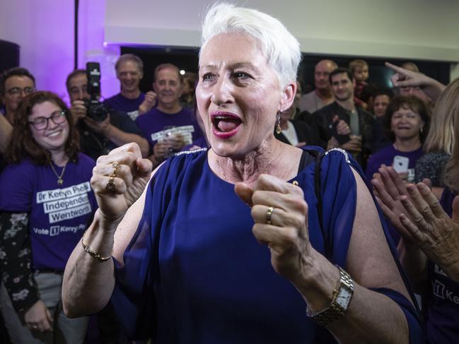 Dr Kerryn Phelps celebrating last night. Picture: Cole Bennetts/Getty Images