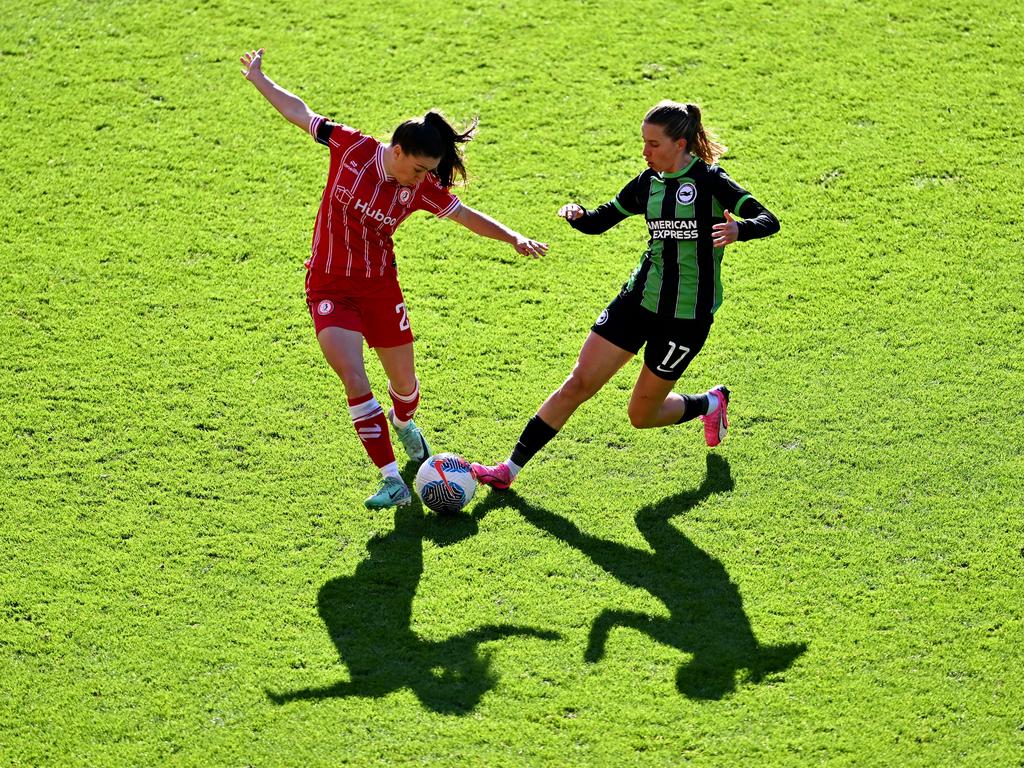 Tatiana Pinto of Brighton & Hove Albion is challenged by Ffion Morgan of Bristol City during the Barclays Women’s Super League match. Picture: Dan Mullan/Getty Images