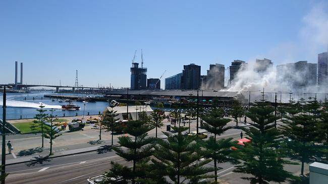 The fire boat pulls into the Woolshed Pub. Picture: Adam Bramdaw.