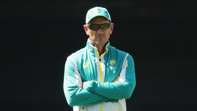 SYDNEY, AUSTRALIA – NOVEMBER 24: Australia head coach Justin Langer looks on during an Australian nets session ahead of the One Day International series at Sydney Cricket Ground on November 24, 2020 in Sydney, Australia. (Photo by Mark Metcalfe/Getty Images)