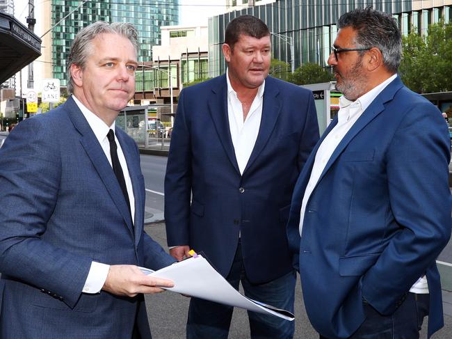 09/01/20 Crown resorts owner James Packer (centre) with director Andrew Demetriou (right) and Todd Nisbet (left) in Melbourne. Aaron Francis/The Australian