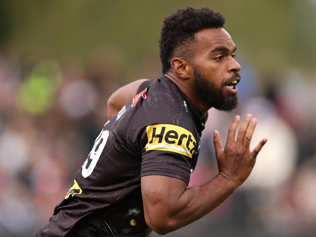 BATHURST, AUSTRALIA - APRIL 20:  Sunia Turuva of the Panthers warms up before the round seven NRL match between Penrith Panthers and Wests Tigers at Carrington Park on April 20, 2024, in Bathurst, Australia. (Photo by Cameron Spencer/Getty Images)