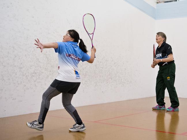 Larissa Gao and coach Robyn Prentice. Southern Region Junior Squash Camp at Toowoomba Squash. Sunday, 19th Jul, 2020.