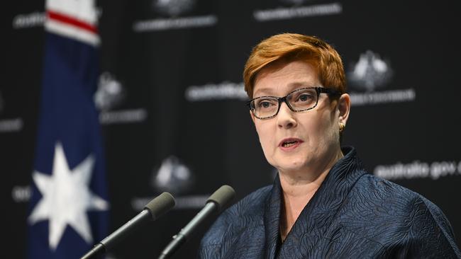 Australian Foreign Minister Marise Payne speaks to the media during a press conference at Parliament House in Canberra, Thursday, April 9, 2020. (AAP Image/Lukas Coch) NO ARCHIVING