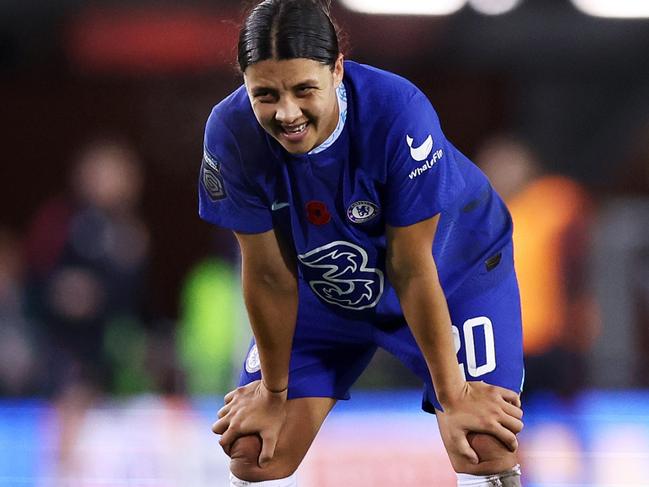 LEIGH, ENGLAND - NOVEMBER 06: Sam Kerr of Chelsea looks on during the FA Women's Super League match between Manchester United and Chelsea at Leigh Sports Village on November 06, 2022 in Leigh, England. (Photo by Nathan Stirk/Getty Images)