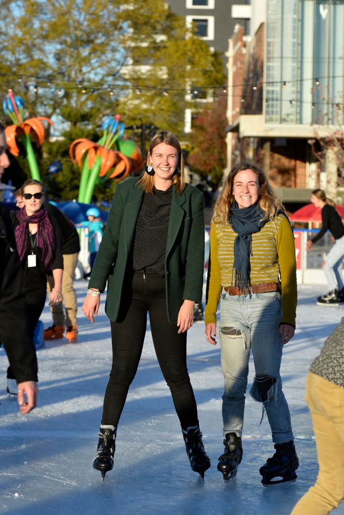 Grace Dewar (left) and Bronte Naylor ice skating at Winter Wonderland in the Civic Square, Friday, June 22, 2018. Picture: Kevin Farmer