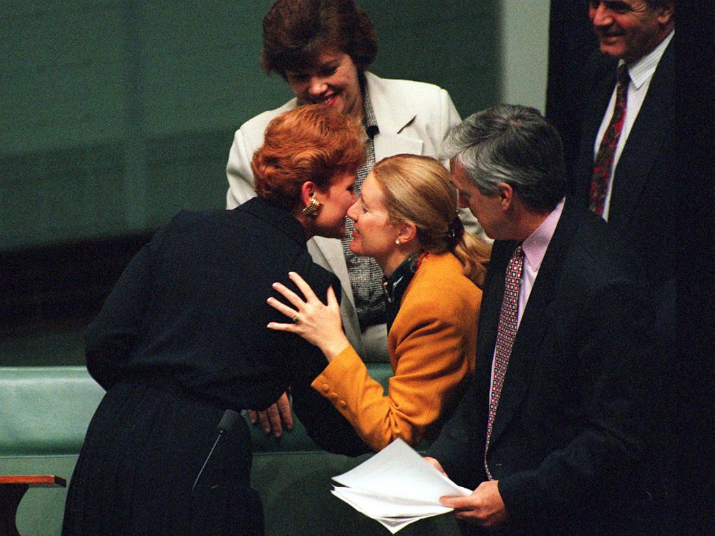 Hanson receives congratulations by MP De-Anne Kelly (Nationals) after her Maiden speech in September, 1996. 10 sept 1996.