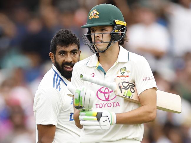 SYDNEY, AUSTRALIA - JANUARY 03: Jasprit Bumrah of India gestures towards Sam Konstas of Australia after dismissing Usman Khawaja of Australia during day one of the Fifth Men's Test Match in the series between Australia and India at Sydney Cricket Ground on January 03, 2025 in Sydney, Australia. (Photo by Darrian Traynor/Getty Images)