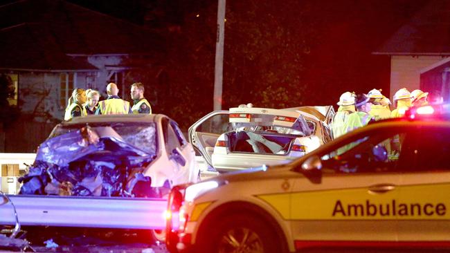 Emergency services at the scene of the Moorooka crash. Picture: AAP/Steve Pohlner