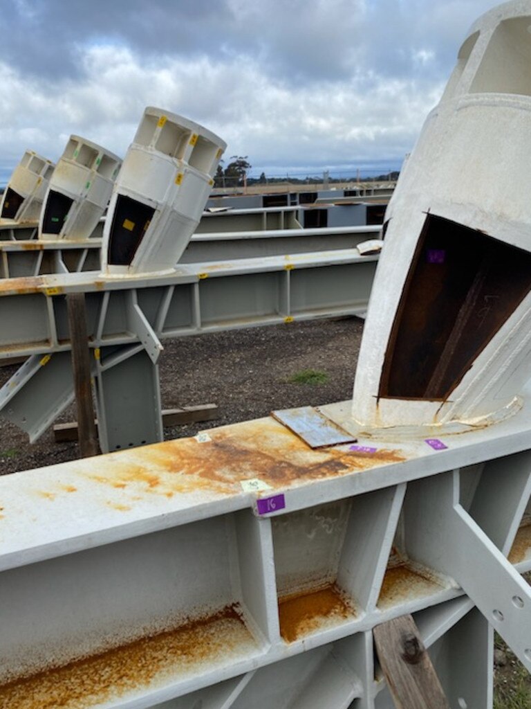 Sections of structural steel have been cut out so welding can be inspected. Picture taken May 30, 2023 at Waurn Ponds storage area.