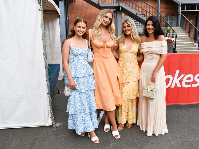 Emily Debnam, Caitlyn McCormick, Alex Voss and Dana Spinks enjoying all the action at the Ladbrokes Cranbourne Cup on Saturday, November 23, 2024. Picture: Jack Colantuono