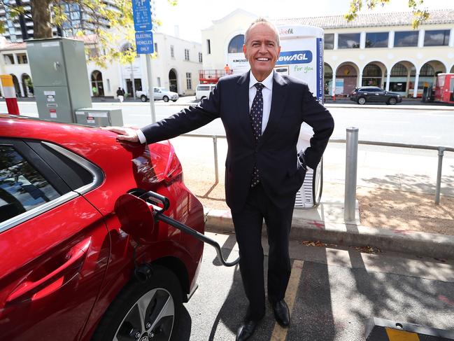 Former opposition leader Bill Shorten charging an electric car during the election campaign. Picture: Kym Smith