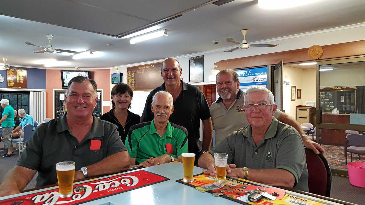 Warwick Sporters Golf Club Irish Fourball event winners Bob Lester, John Porter, Mal Galloway and Trevor King won with 98 points. Sponsors for the day Trish and Ross Bell are at back. Picture: Judy Lester