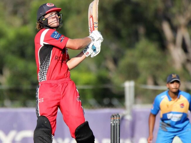 Corey Kelly made 59 against Darwin CC in the 50-over grand final, including a massive six behind square off Jake Reed. Picture: NT Cricket.