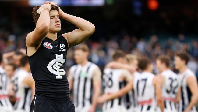 Carlton rookie Liam Stocker shows his disappointment after the Blues coughed up a lead to lose to Collingwood in Round 8. Picture: Michael Willson/AFL Photos