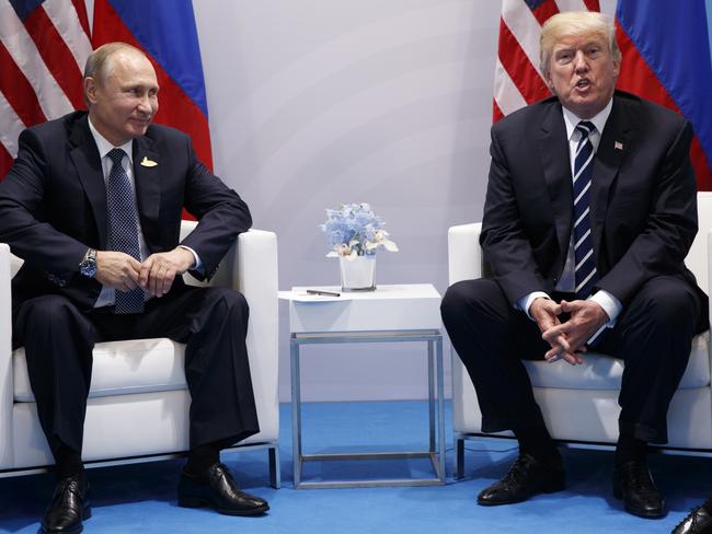 President Donald Trump (right) speaks during a meeting with Russian President Vladimir Putin at the G20 Summit. Picture: AP Photo/Evan Vucci