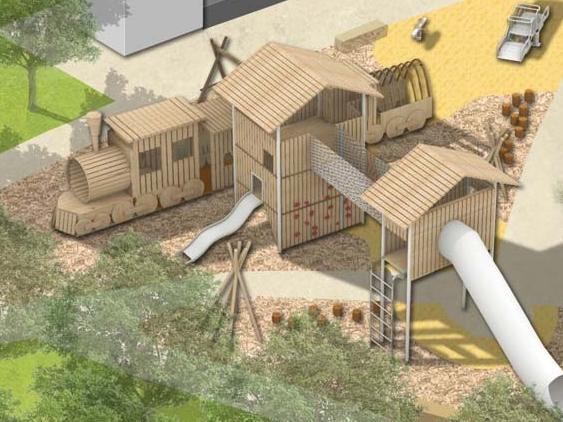 Artist impressions of a proposed train-themed children's playspace at Mount Gambier's Railway Lands precinct.