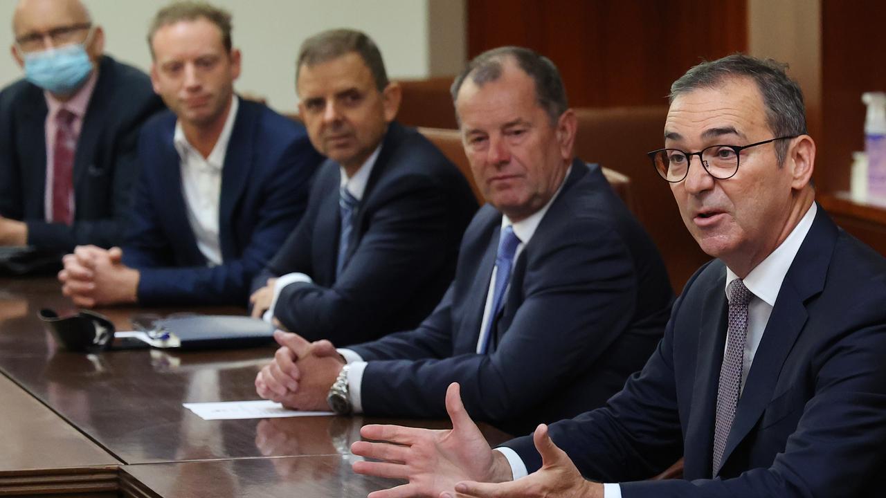 David Speirs (second from left), Nick McBride, Josh Teague and Steven Marshall during the Liberal Party leadership ballot at Parliament House in Adelaide in April 2022. Picture: David Mariuz