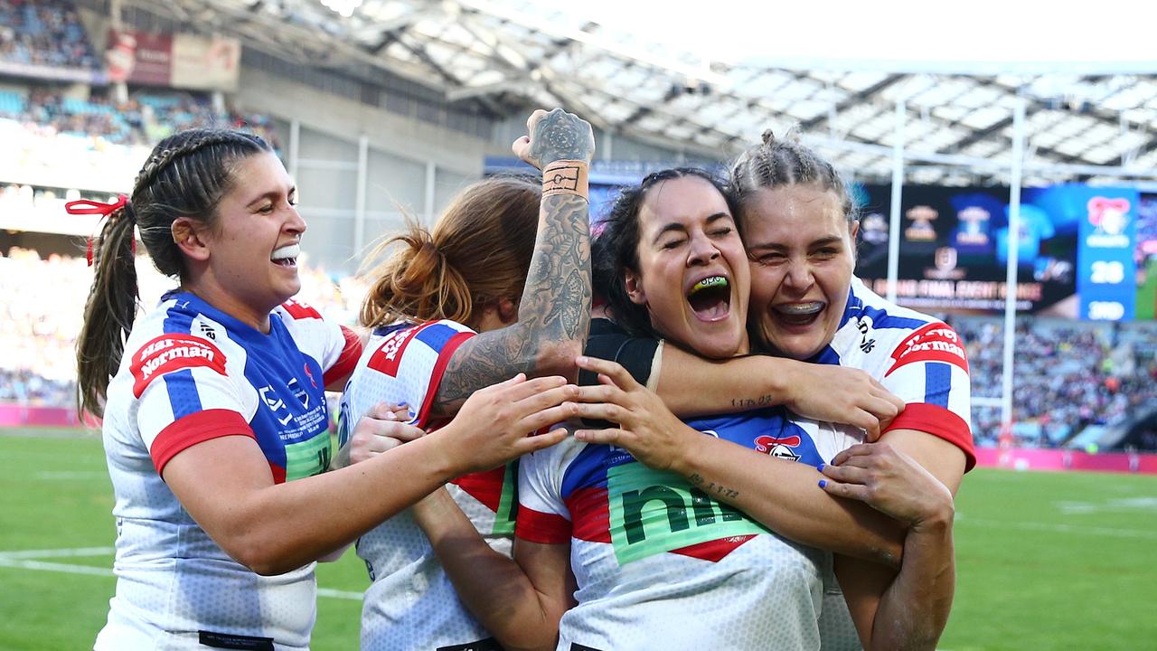 Yasmin Clydsdal celebrates her try in the NRLW 2022 Grand Final against the Eels.