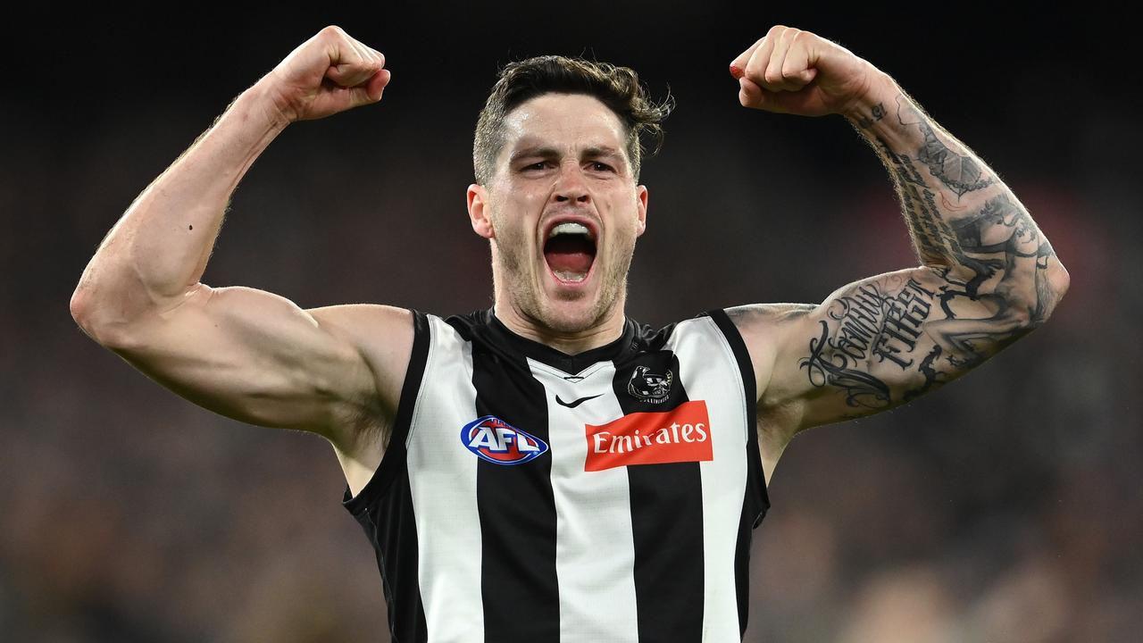 Jack Crisp celebrates a big goal in Collingwood’s semi-final win against Fremantle. Picture: Quinn Rooney/Getty Images