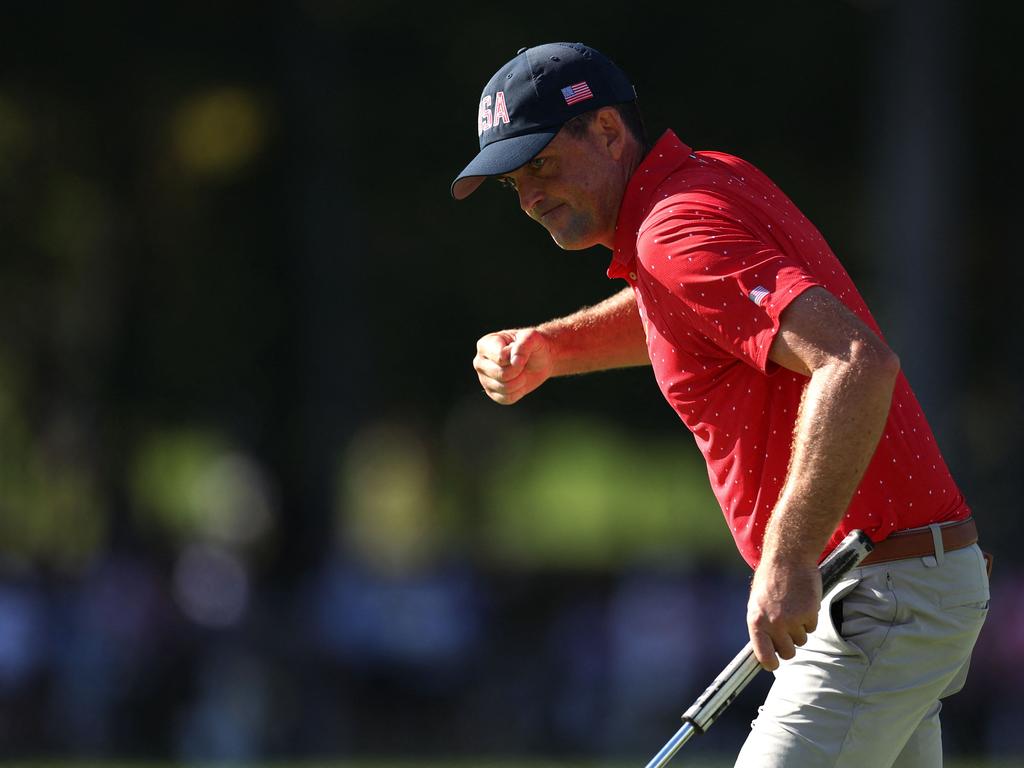 MONTREAL, QUEBEC - SEPTEMBER 29: Keegan Bradley of the U.S. Team celebrates after a putt on the tenth green during Sunday Singles on day four of the 2024 Presidents Cup at The Royal Montreal Golf Club on September 29, 2024 in Montreal, Quebec, Canada. Harry How/Getty Images/AFP (Photo by Harry How / GETTY IMAGES NORTH AMERICA / Getty Images via AFP)