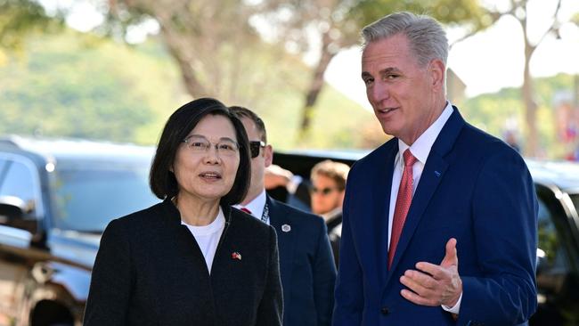 US Speaker of the House Kevin McCarthy speaks with Taiwan President Tsai Ing-wen while arriving for a bipartisan meeting.